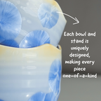 Snow Blue Matcha Set – 5 Piece Japanese Tea Ceremony Kit lifestyle close-up showing handmade ice flower matcha bowl glaze with text uniqueness of each piece.
