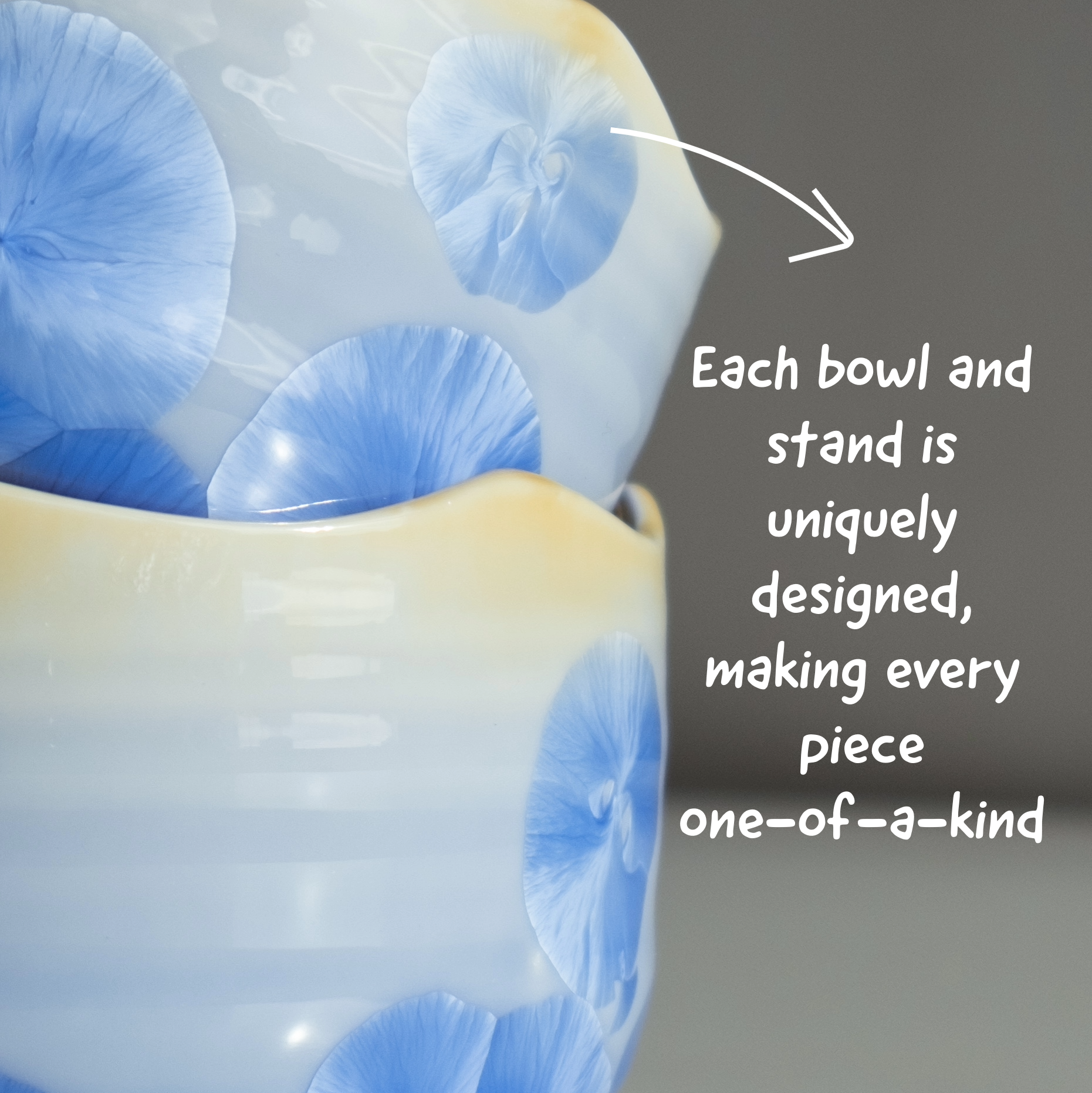 Snow Blue Matcha Set – 5 Piece Japanese Tea Ceremony Kit lifestyle close-up showing handmade ice flower matcha bowl glaze with text uniqueness of each piece.