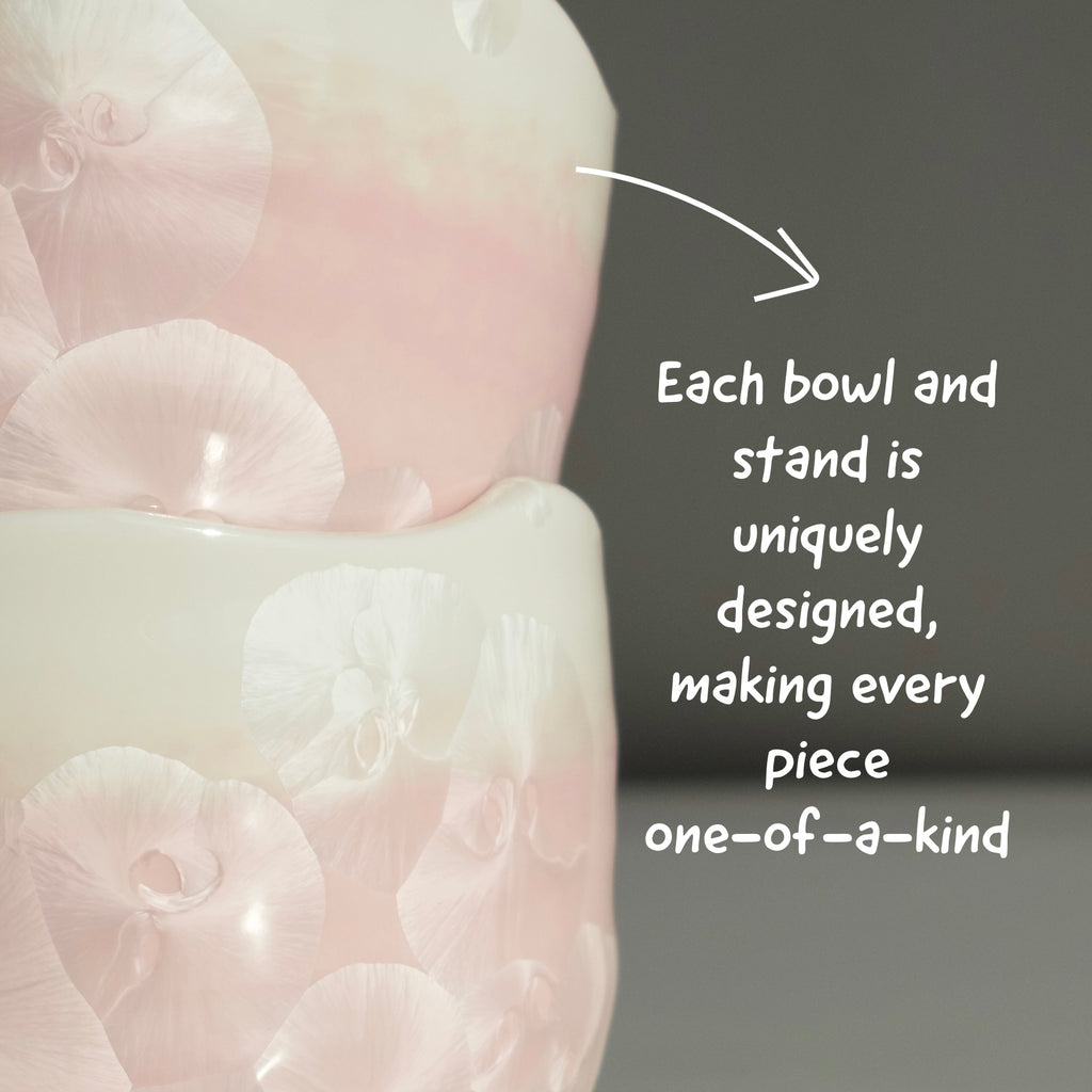 Blush Pink Matcha Set – 5 Piece Japanese Tea Ceremony Kit lifestyle close-up showing handmade ice flower matcha bowl glaze with text uniqueness of each piece.