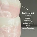 Blush Pink Matcha Set – 5 Piece Japanese Tea Ceremony Kit lifestyle close-up showing handmade ice flower matcha bowl glaze with text uniqueness of each piece.