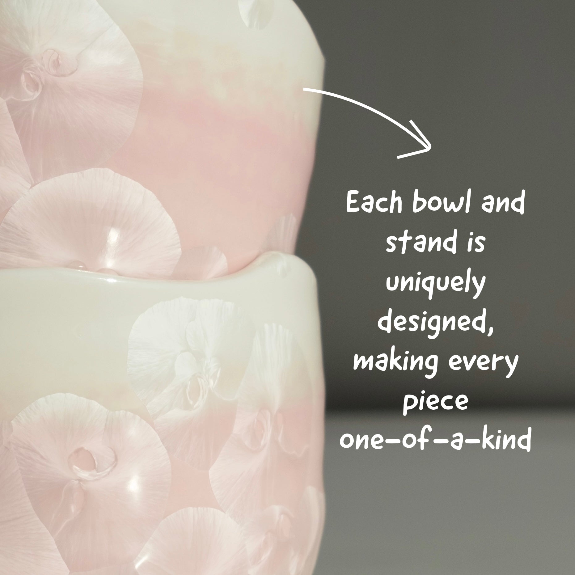 Blush Pink Matcha Set – 5 Piece Japanese Tea Ceremony Kit lifestyle close-up showing handmade ice flower matcha bowl glaze with text uniqueness of each piece.